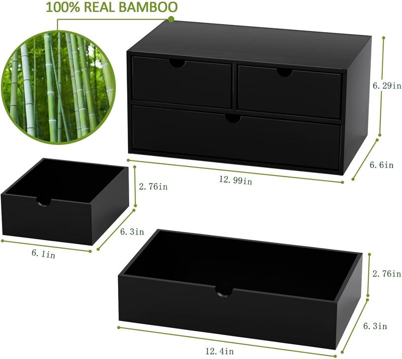 Wisuce Bamboo Desk Organizer - Mini Bamboo Desk Drawer Tabletop Cosmetic Storage Organization for Office or Home Black - Image 3