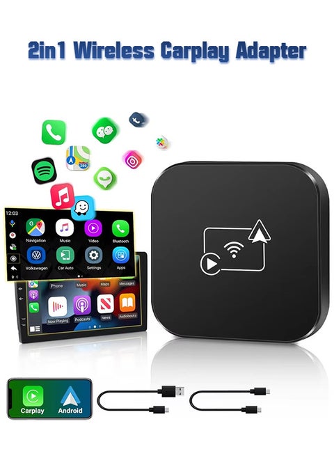 2 in 1 Wireless CarPlay Android Car Adapter, Mini Box Wired to Wireless CarPlay & Android Auto, Supports YouTubu and various streaming media, Mini wired to wireless car smart box, plug and play