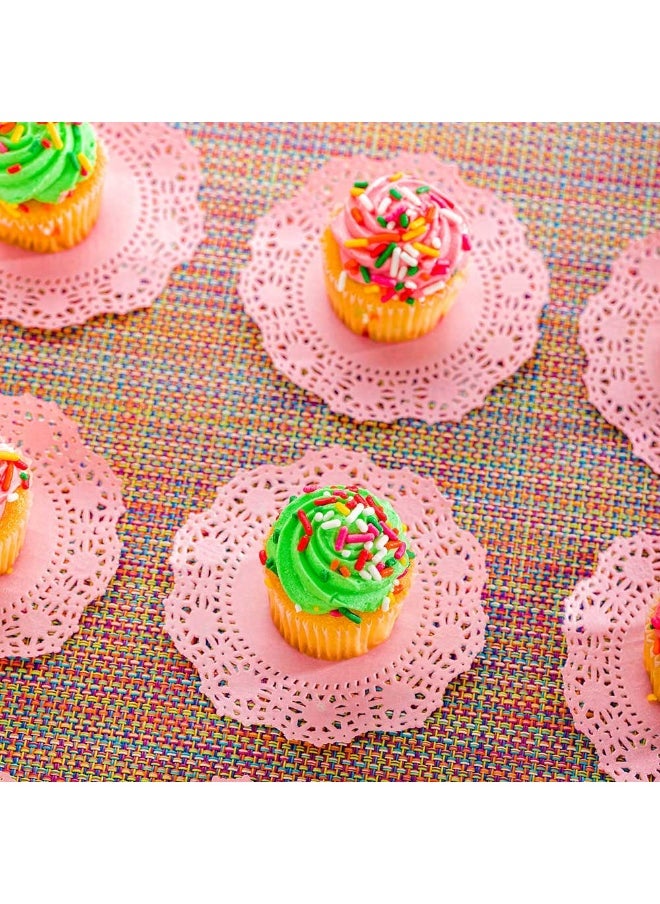 Restaurantware - Pastry Tek 4 x 4 Inch Lace Doilies, 100 Decorative Tableware Placemats - Disposable, Round, Pink Paper Table Doilies, For Birthdays, Or Weddings, Table Decor - Image 1