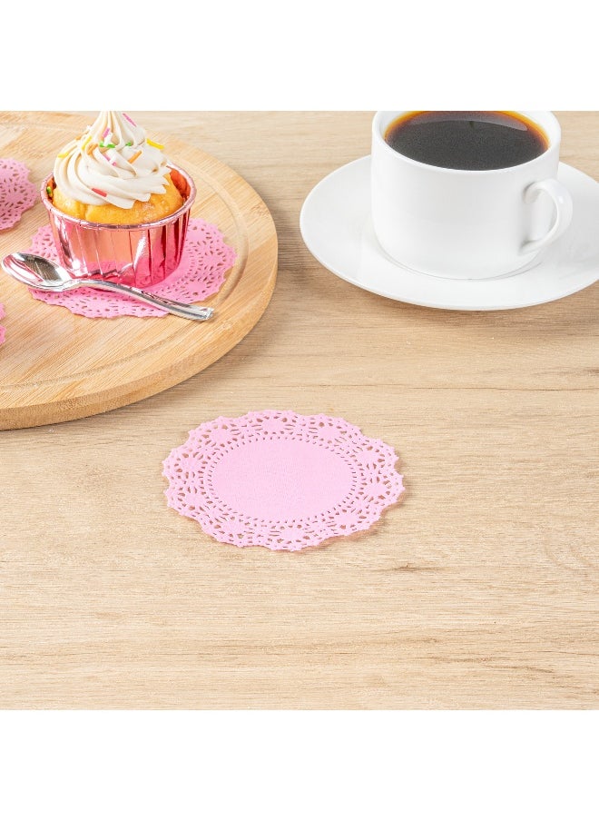 Restaurantware - Pastry Tek 4 x 4 Inch Lace Doilies, 100 Decorative Tableware Placemats - Disposable, Round, Pink Paper Table Doilies, For Birthdays, Or Weddings, Table Decor - Image 1