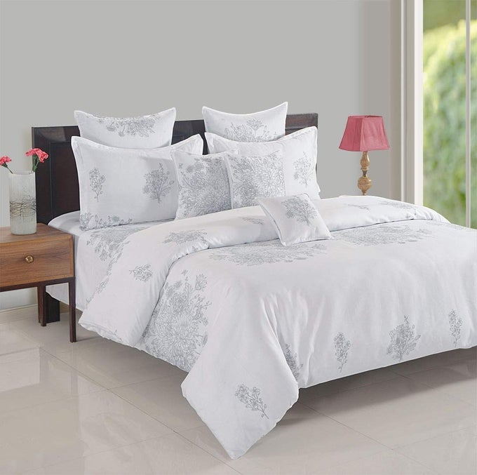 ZINNIA COLLECTION PREMIUM COTTON 250 TC FLORAL PRINT COTTON SATIN DOUBLE BED SHEET WITH 2 PILLOW COVER WHITE