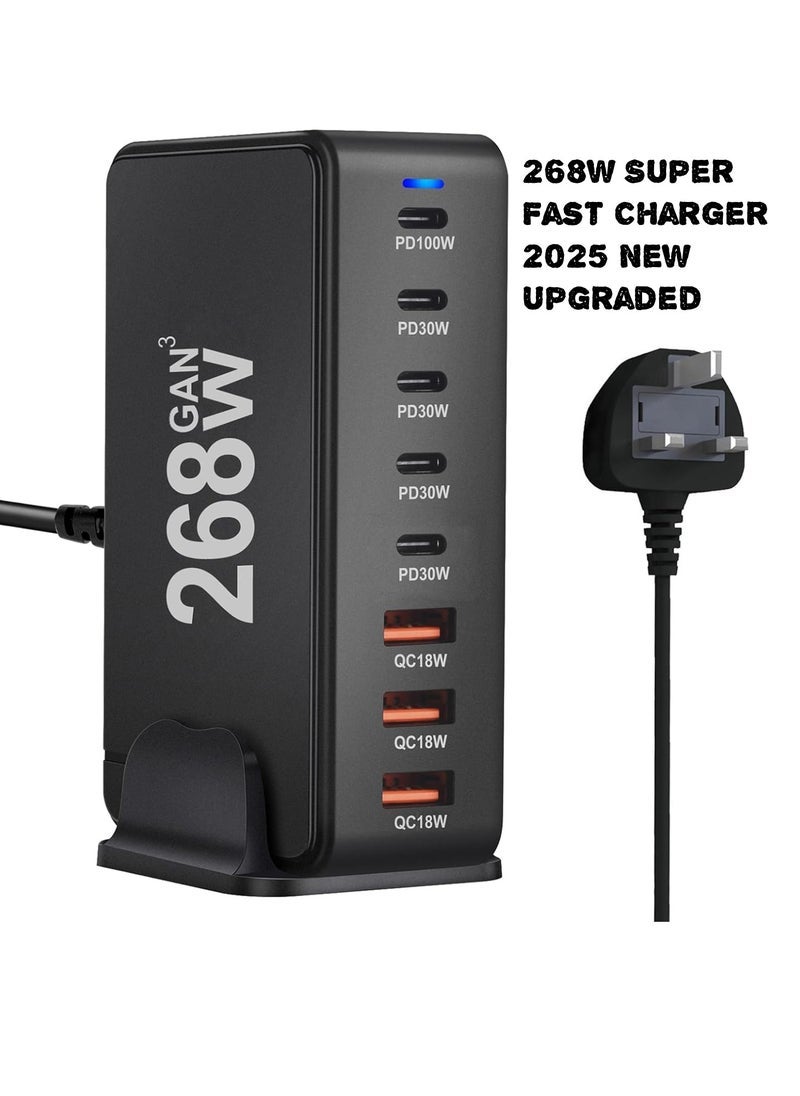 ELTRAZONE 268W Multi-Port USB C Fast Charger with 8-Port Charging Station – GaN Wall Charger Adapter with USB-A & Type-C Outputs – High-Speed Charging for Laptops, Phones, Tablets & More – UK Plug Power Strip – Portable, Safe & Efficient – Black - Image 1
