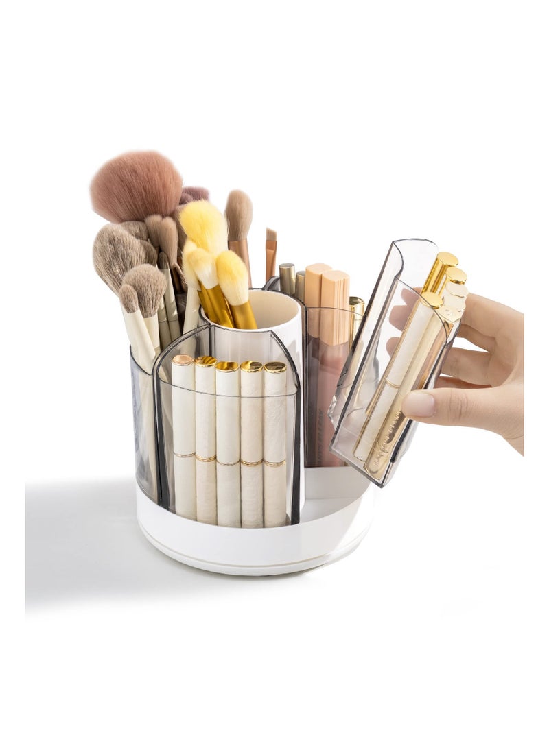 Excefore Makeup Brush Holder Organizer, 360 Rotating Makeup Brush Container with Removable Trays, Pen Holder for Desk, Spinning Brush Holders for Vanity, Desktop, Bathroom, White - Image 1