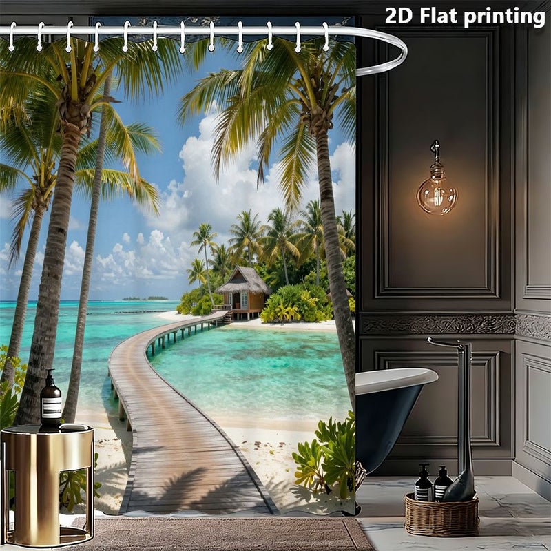 2D Flat Printed Polyester Shower Curtain 70 87 X 70 87 Inch Tropical Paradise Beach Design Palm Trees Wooden Path Thatched Cottage Ocean Decor For Bathroom Home - Image 3