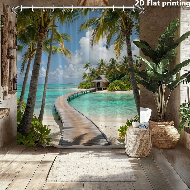 2D Flat Printed Polyester Shower Curtain 70 87 X 70 87 Inch Tropical Paradise Beach Design Palm Trees Wooden Path Thatched Cottage Ocean Decor For Bathroom Home - Image 2