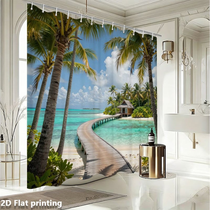 2D Flat Printed Polyester Shower Curtain 70 87 X 70 87 Inch Tropical Paradise Beach Design Palm Trees Wooden Path Thatched Cottage Ocean Decor For Bathroom Home - Image 5