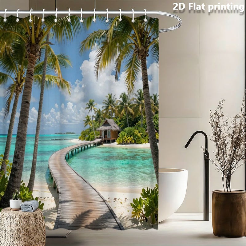 2D Flat Printed Polyester Shower Curtain 70 87 X 70 87 Inch Tropical Paradise Beach Design Palm Trees Wooden Path Thatched Cottage Ocean Decor For Bathroom Home - Image 1
