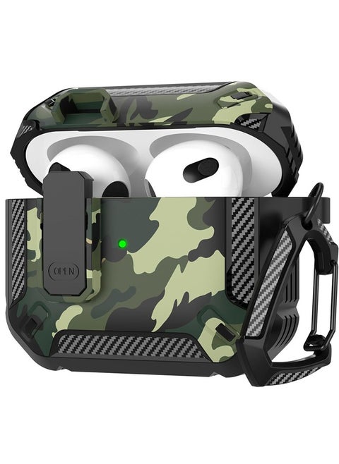 Airpods 3 Case, Airpods 3rd Generation Case with Lock, Airpods 3 Generation Protective Case, Hard Shell Rugged Shockproof Cover with Keychain for Apple Airpods 3 2021 (Camo Green)