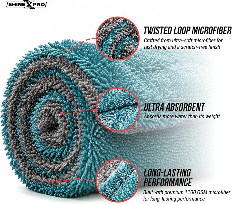 ShineXPro Microfiber Cloth For Car - Puremagic 1100 Gsm Twisted Loop Super Absorbent Towel - 50X80 Cm - Edgeless Design With Plush Pile, Lint Free Cloth For Drying & Detailing, Aqua Blue & Grey Fault optimized construction - Image 4