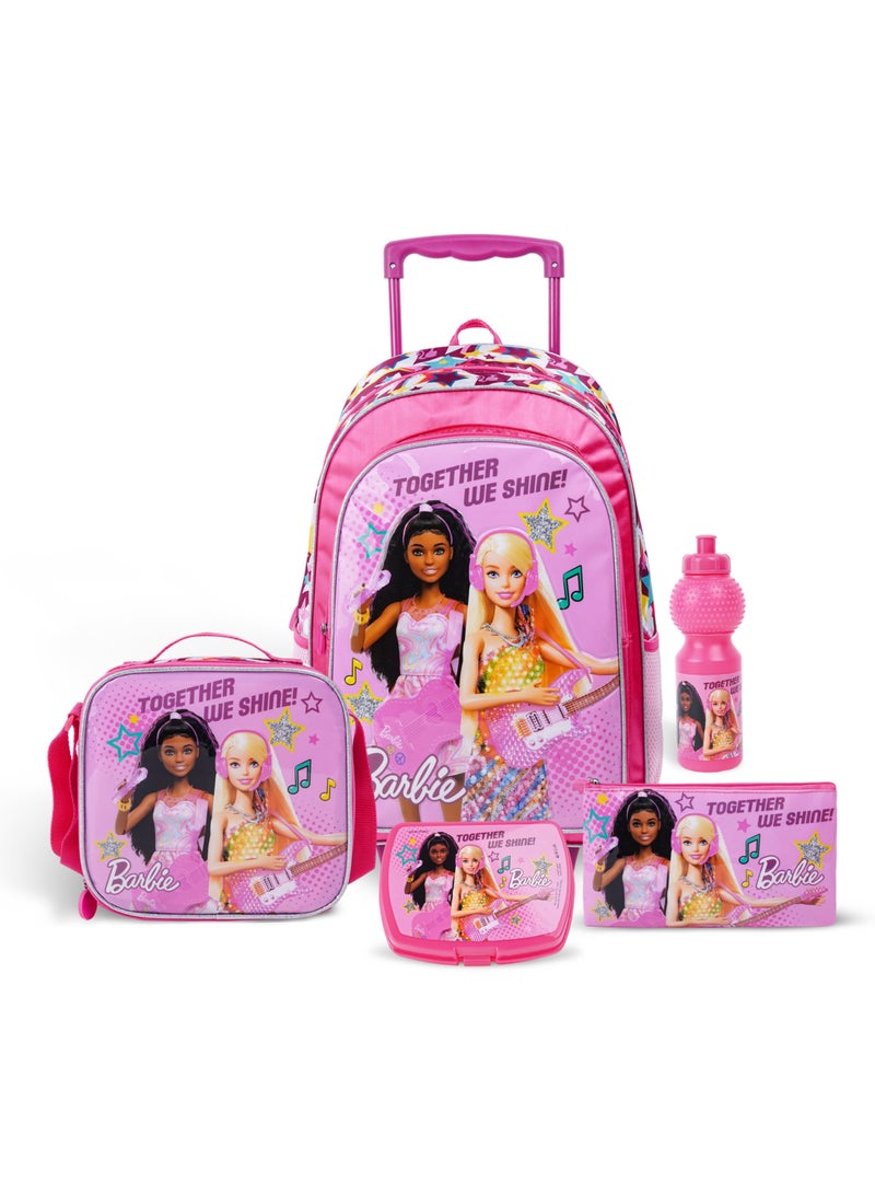 ماتيل جيمز مجموعة حقيبة ترولي باربي "معًا نتألق" 5 في 1 مقاس 18 بوصة (حقيبة ترولي، حقيبة غداء، زجاجة مياه، مقلمة، صندوق غداء) - Image 1