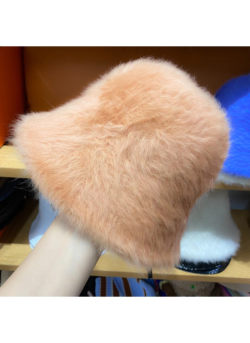 Generic Elegant Fluffy Rabbit Fur Bucket Hat for Women Wine red  - Image 4