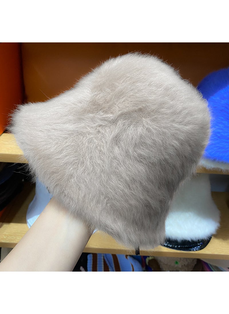 Generic Elegant Fluffy Rabbit Fur Bucket Hat for Women Wine red  - Image 3