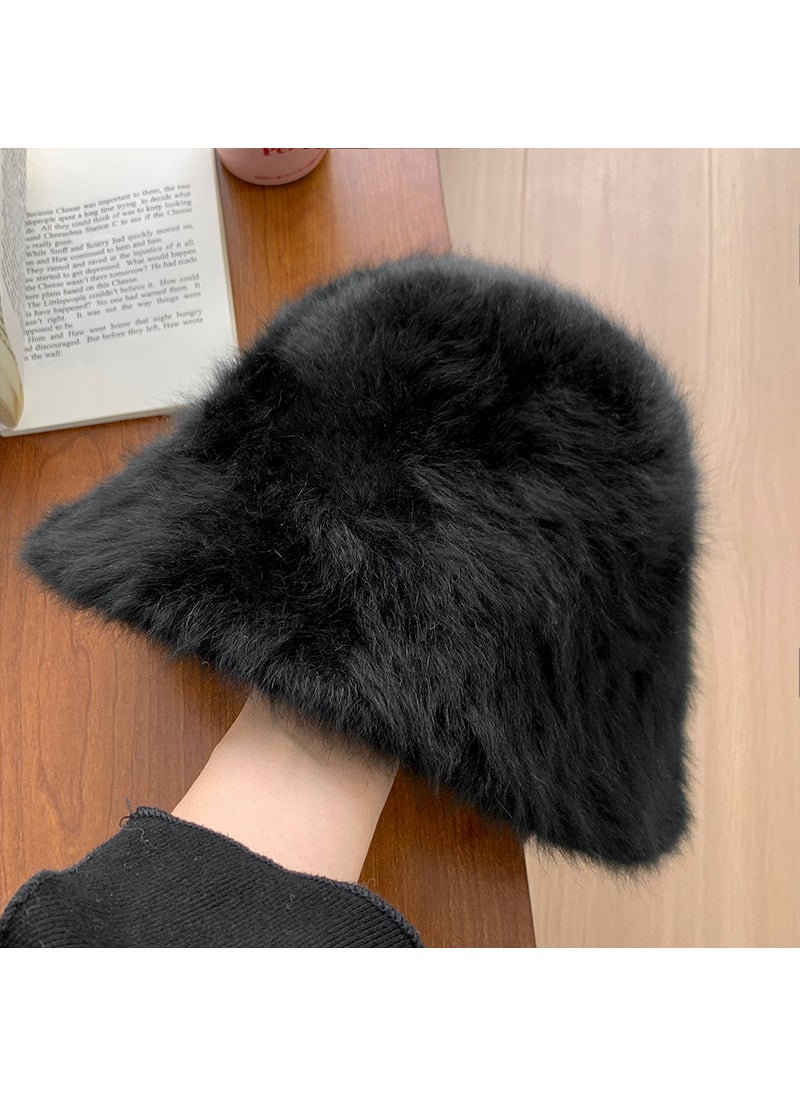 Generic Elegant Fluffy Rabbit Fur Bucket Hat for Women Wine red  - Image 5