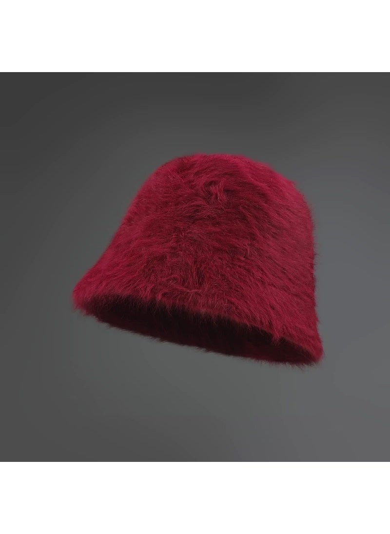 Generic Elegant Fluffy Rabbit Fur Bucket Hat for Women Wine red  - Image 1