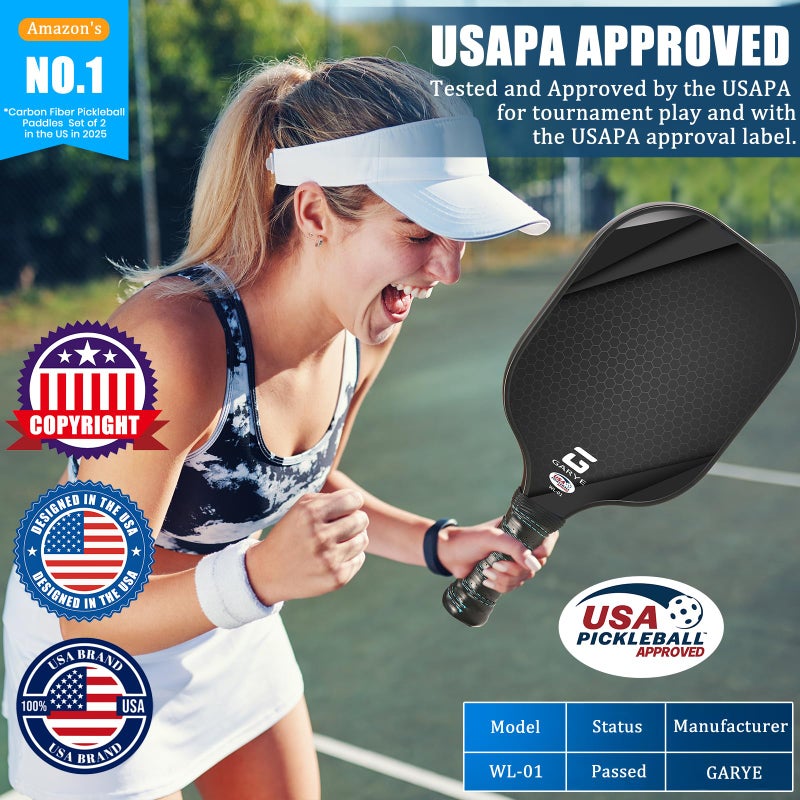 GARYE Pickleball Paddles Set of 2, USAPA Approved Carbon Fiber Pickleball Set, Lightweight Pickle Ball Rackets 2 Pack with 6 Balls, 1 Bag, Pair of Grip Tapes, Pickle Ball Paddle for Men and Women - Image 2