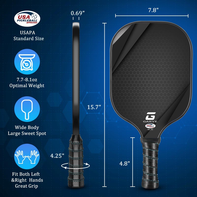 GARYE Pickleball Paddles Set of 2, USAPA Approved Carbon Fiber Pickleball Set, Lightweight Pickle Ball Rackets 2 Pack with 6 Balls, 1 Bag, Pair of Grip Tapes, Pickle Ball Paddle for Men and Women - Image 5