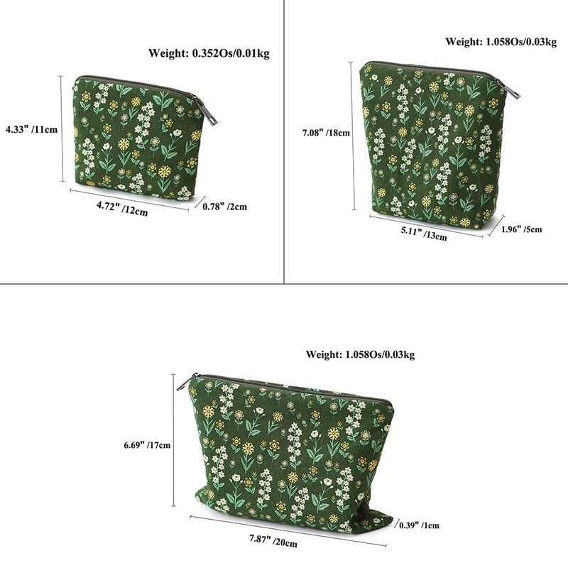 BBORGDC Small Cosmetic Bag Set of 3 for Purse, Green Floral Cotton Makeup Pouch Set, 3 Sizes Zipper Organizer for Travel & Toiletries, Gift for Her Birthday, Bridesmaid & Best Friend - Image 2