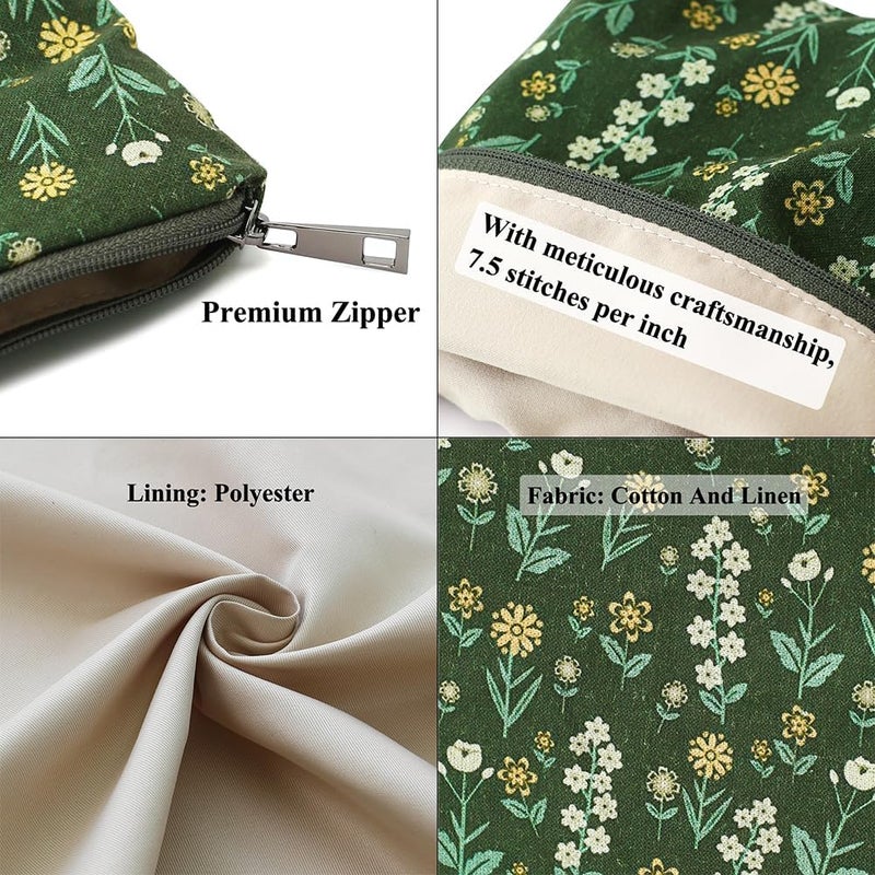 BBORGDC Small Cosmetic Bag Set of 3 for Purse, Green Floral Cotton Makeup Pouch Set, 3 Sizes Zipper Organizer for Travel & Toiletries, Gift for Her Birthday, Bridesmaid & Best Friend - Image 5