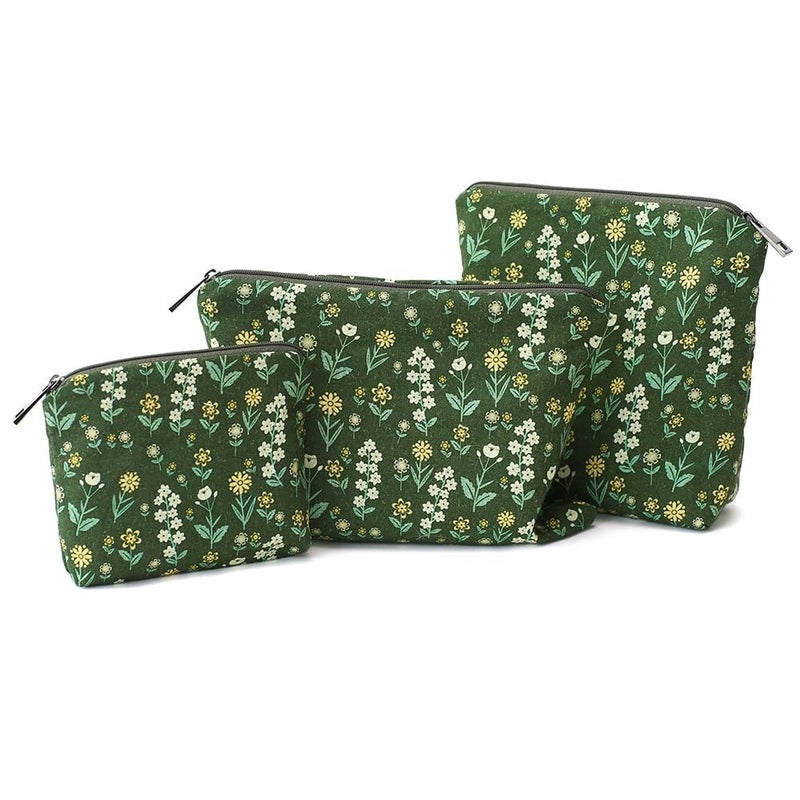 BBORGDC Small Cosmetic Bag Set of 3 for Purse, Green Floral Cotton Makeup Pouch Set, 3 Sizes Zipper Organizer for Travel & Toiletries, Gift for Her Birthday, Bridesmaid & Best Friend - Image 1