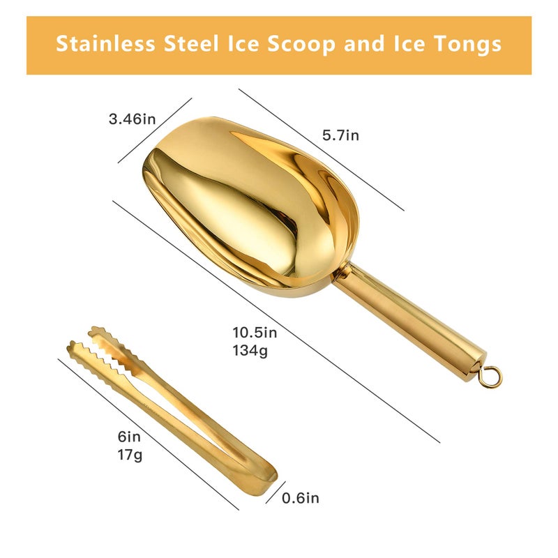 Akamino Stainless Steel Ice Scoop and Ice Tongs, Akamino Small Round Bottom Bar Ice Flour Utility Scoop & Buffet Clip Kitchen Bar BBQ Party Wedding, Gold - Image 2