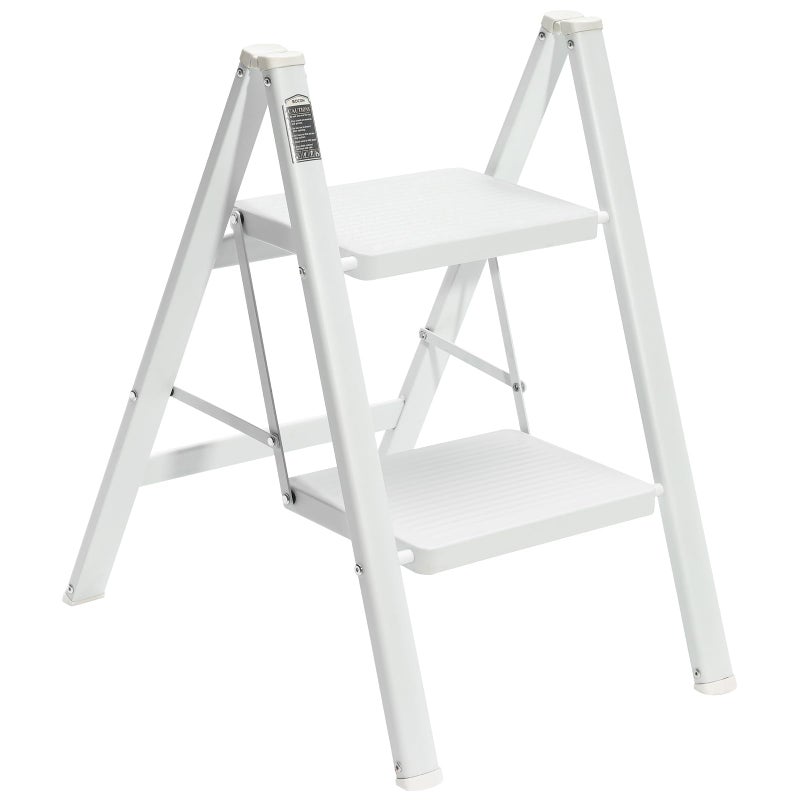 BOCOM 2 Step Ladder Lightweight Portable Foldable Collapsible Folding Sturdy Iron Metal Step Stool with AntiSlip Wide Pedal Heavy Duty 330 lbs Capacity for Home Kitchen Closet Adults White