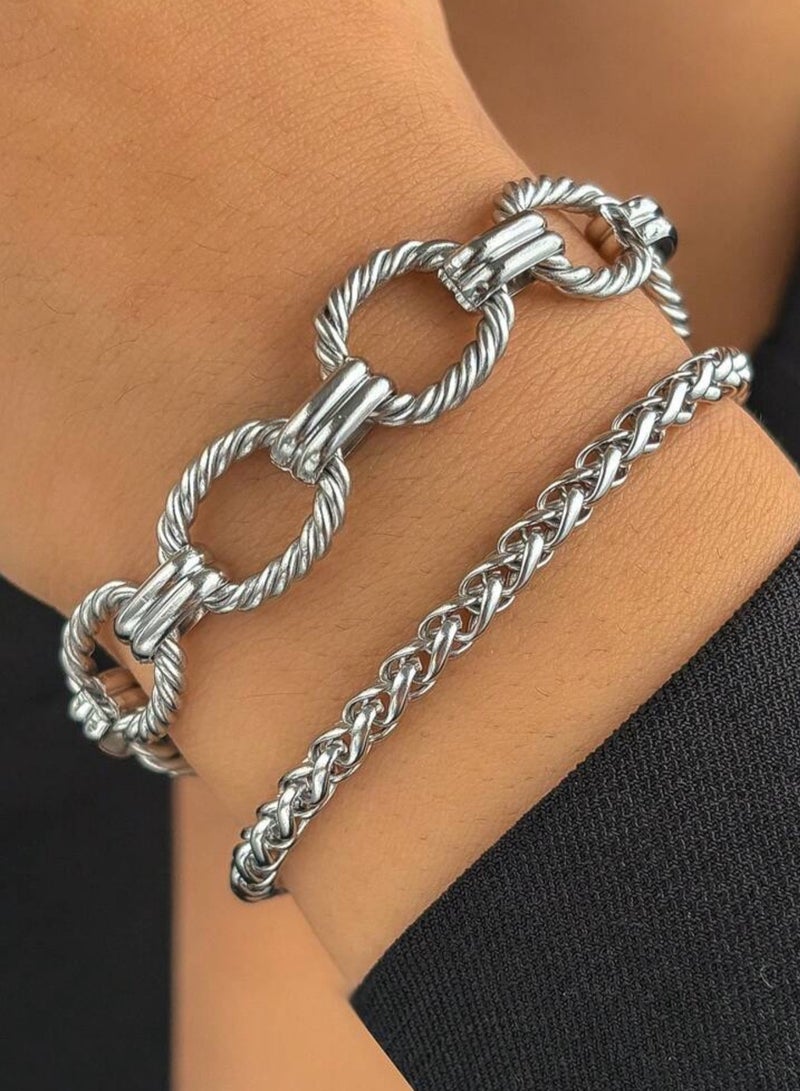 إيكوال اسوارة نسائية أنيقة وعالية الجودة مكونة من قطعتين مصنوعة من الاستانلس ستيل باللون الفضي - Image 1