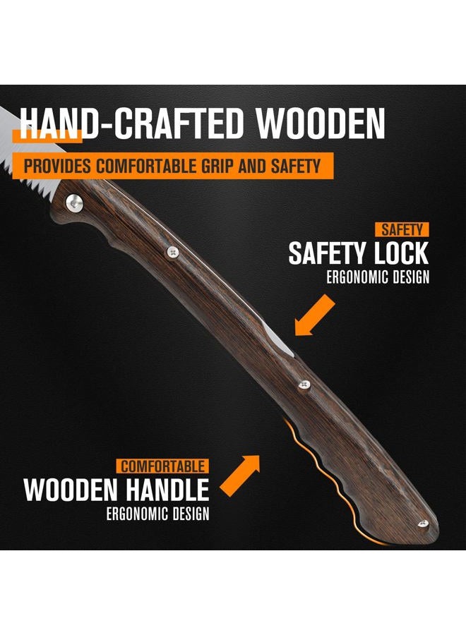 ALDIPRO Folding Pruning Saw 7 Inch with Leather Sheath and Wenge Wooden Handle, SK5 Steel Blade, Foldable Hand Saw for Camping, Survival, Wood Cutting, Bushcraft and Tree Trimming - Image 5