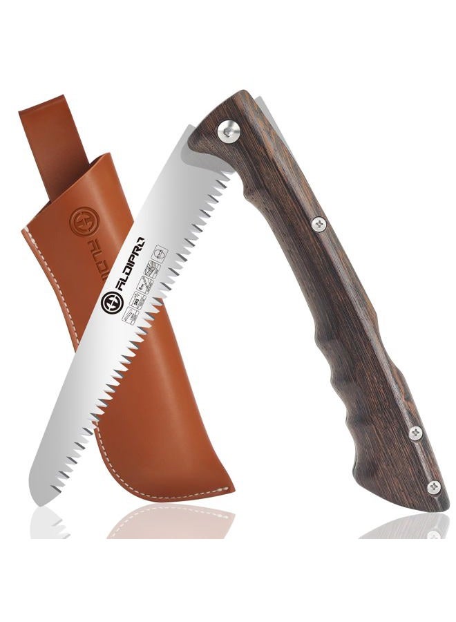 ALDIPRO Folding Pruning Saw 7 Inch with Leather Sheath and Wenge Wooden Handle, SK5 Steel Blade, Foldable Hand Saw for Camping, Survival, Wood Cutting, Bushcraft and Tree Trimming - Image 1