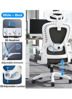 GoldenLike Office Chair Ergonomic Computer Chair Home Office Desk Chair Comfortable Gaming Chairs Swivel Task Chair with Flip-up Armrest and Headrest High Back Mesh Game Chair(Steel Feet /White+Black)  - Image 3