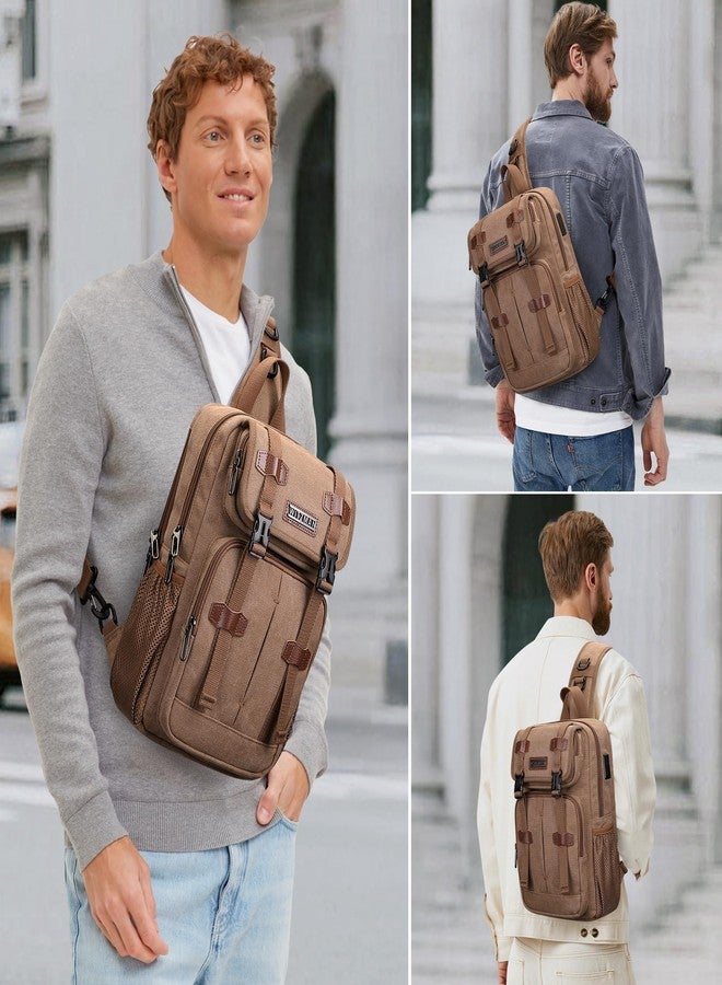 WITZMAN Sling Bag for Men Canvas Vintage Travel Crossbody Shoulder Bags Casual Large Chest Bag with USB Charging Port(A8019 Brown) - Image 2