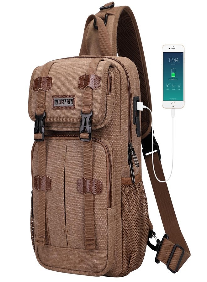 WITZMAN Sling Bag for Men Canvas Vintage Travel Crossbody Shoulder Bags Casual Large Chest Bag with USB Charging Port(A8019 Brown) - Image 1