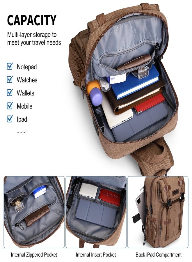 WITZMAN Sling Bag for Men Canvas Vintage Travel Crossbody Shoulder Bags Casual Large Chest Bag with USB Charging Port(A8019 Brown) - Image 4