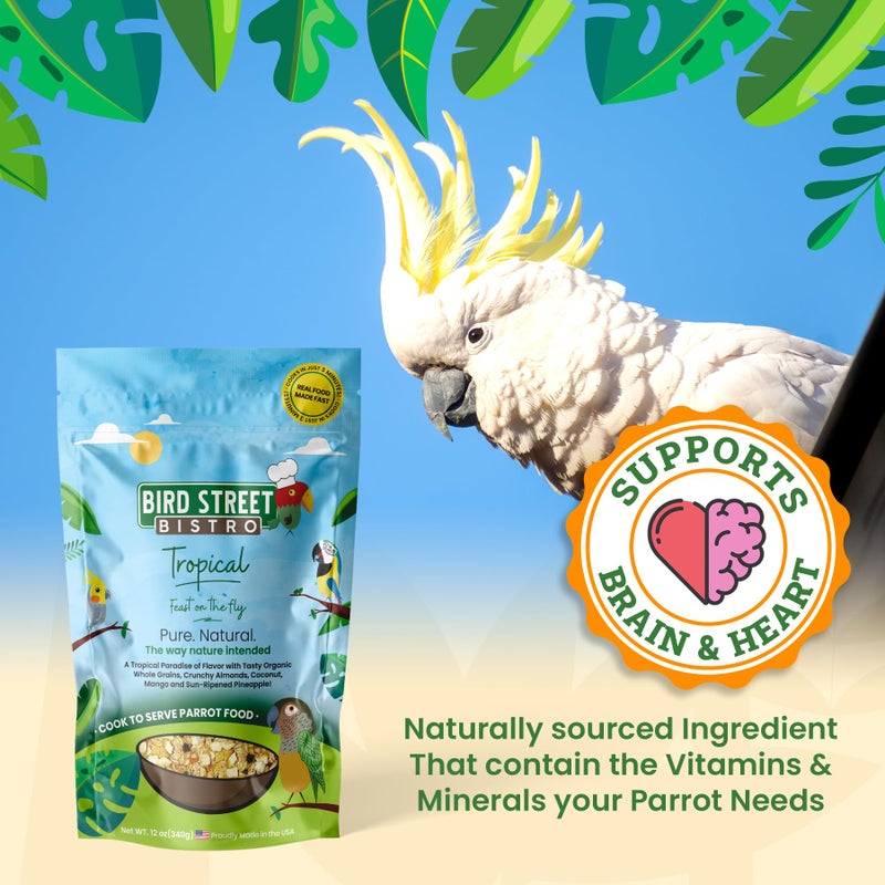 Bird Street Bistro Parrot Food for Parakeets & Cockatiels - Tropical - 18 oz - Cooks in 3-15 min, Natural & Organic Grains, Fruits & Vegetables - USA Made - Image 3