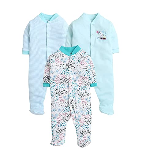 EIO 100% Cotton Sleep Romper Jumpsuit Night Suits for Infants Newborn Baby Boys & Girls Pack of 3 (3-6 Months, Mint) - Image 1