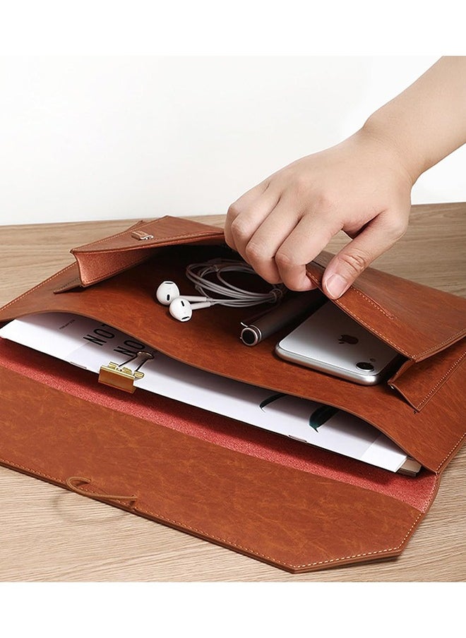 Sweet Life - Leather A4 File Folder, Waterproof PU Wallets Document Holder with Snap Popper Closure, Portable Portfolio Envelope Organizer Case Pockets for Travel Meeting Business Office Tablet (Brown) - Image 1