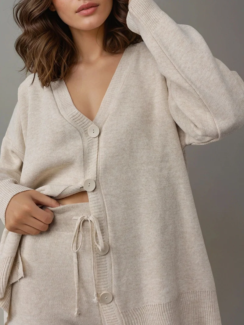 MY FASHION Stone Natural MY FASHION V-Neck Cardigan and Wide Leg Pants Knitwear Set for Women | Best Price UAE