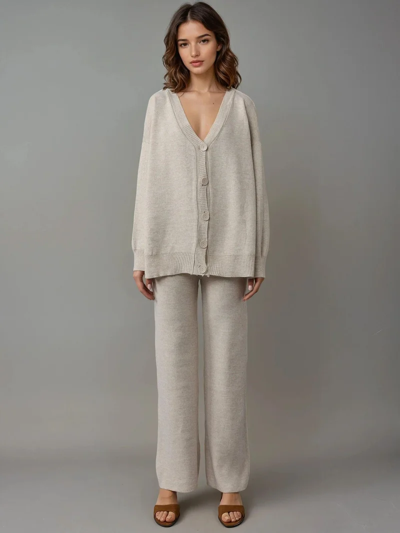MY FASHION Stone Natural MY FASHION V-Neck Cardigan and Wide Leg Pants Knitwear Set for Women | Best Price UAE