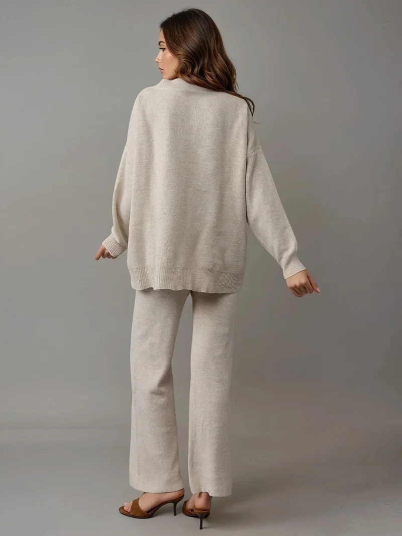 MY FASHION Stone Natural MY FASHION V-Neck Cardigan and Wide Leg Pants Knitwear Set for Women | Best Price UAE