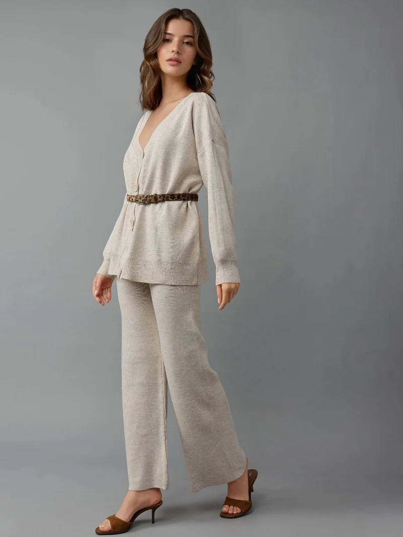 MY FASHION Stone Natural MY FASHION V-Neck Cardigan and Wide Leg Pants Knitwear Set for Women | Best Price UAE