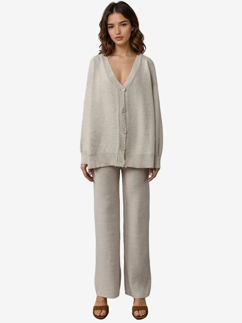 MY FASHION V-Neck Cardigan and Wide Leg Pants Knitwear Set