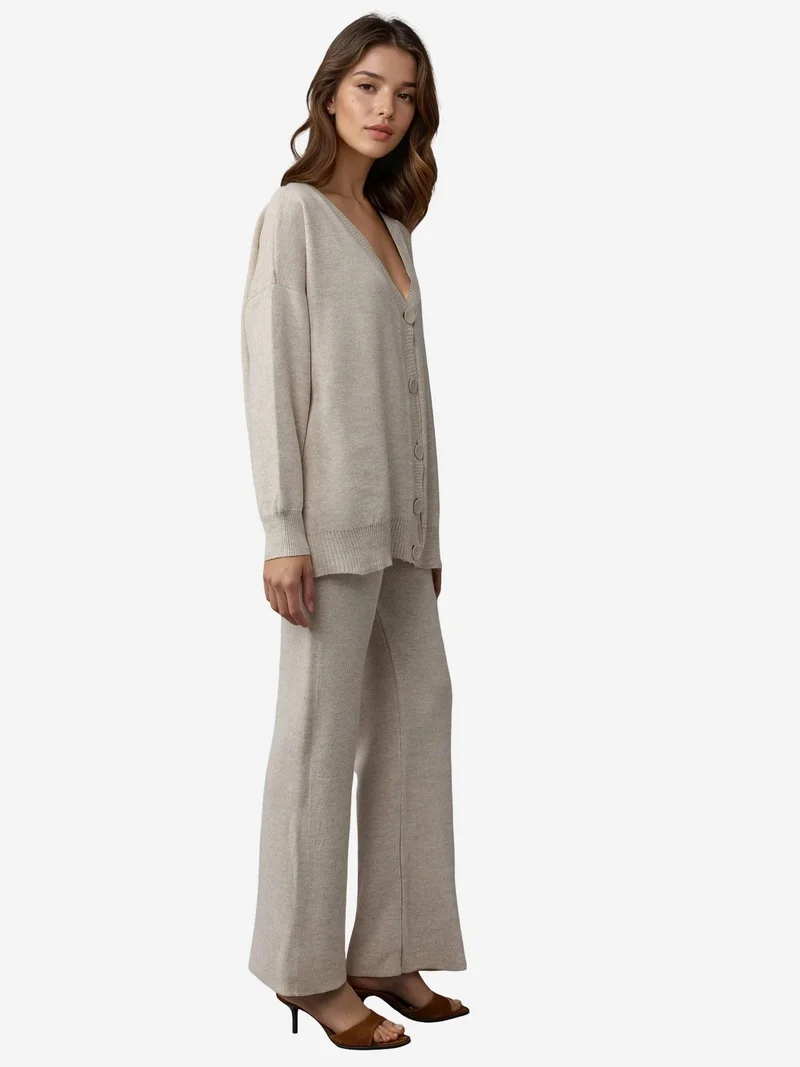 My Fashion Stone Natural MY FASHION V-Neck Cardigan and Wide Leg Pants Knitwear Set for Women | Best Price UAE