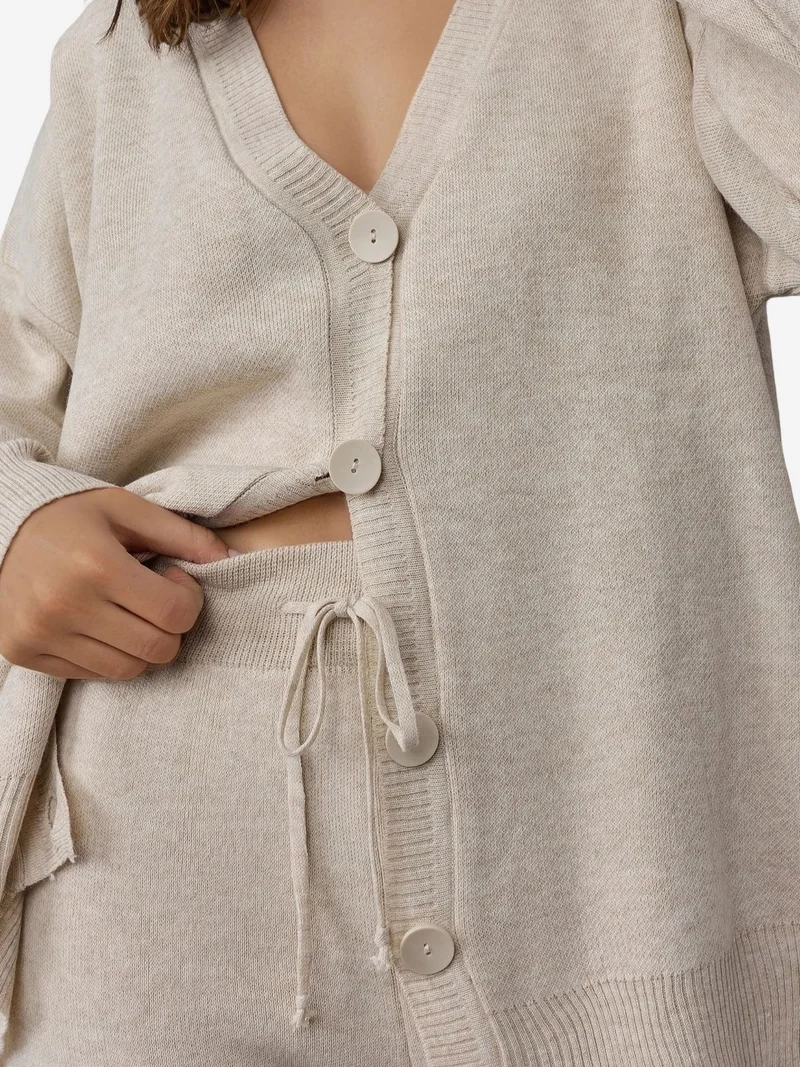 My Fashion Stone Natural MY FASHION V-Neck Cardigan and Wide Leg Pants Knitwear Set for Women | Best Price UAE
