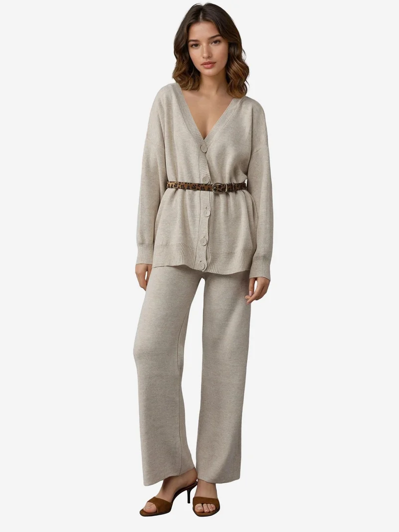 My Fashion Stone Natural MY FASHION V-Neck Cardigan and Wide Leg Pants Knitwear Set for Women | Best Price UAE