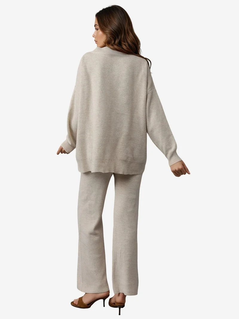 My Fashion Stone Natural MY FASHION V-Neck Cardigan and Wide Leg Pants Knitwear Set for Women | Best Price UAE