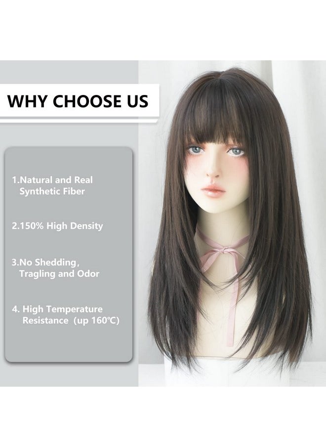 7JHH WIGS - Black Wigs With Bangs Synthetic Dark Brown Wig Long Straight Wig For Women Party And Cosplay Wig (23" Natural Black New - Image 1