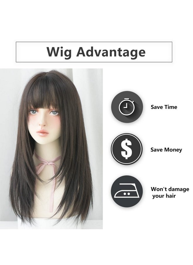7JHH WIGS - Black Wigs With Bangs Synthetic Dark Brown Wig Long Straight Wig For Women Party And Cosplay Wig (23" Natural Black New - Image 1