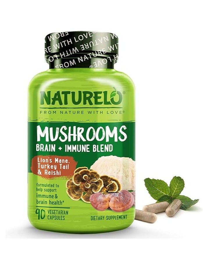 NATURELO Mushroom Supplement  Brain And Immune Health 90 Vegan Friendly Capsules