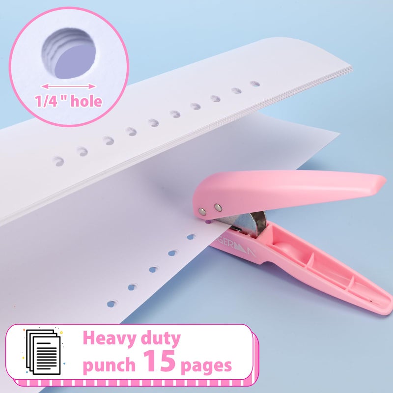Cgerma Single Hole Punch, with 30 Pcs Loose Leaf Binder Rings, 1/4" Hole Punches, 50% Labor Savings, Paper Hole Puncher, 15 Sheet Capacity, for Paper Cards Plastic Cardboard, Lightweight, Pink - Image 2