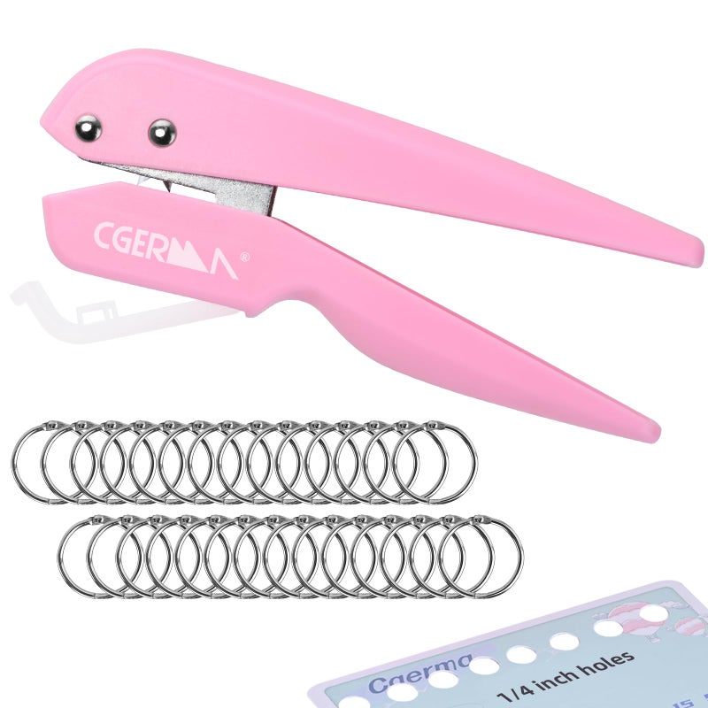Cgerma Single Hole Punch, with 30 Pcs Loose Leaf Binder Rings, 1/4" Hole Punches, 50% Labor Savings, Paper Hole Puncher, 15 Sheet Capacity, for Paper Cards Plastic Cardboard, Lightweight, Pink - Image 1