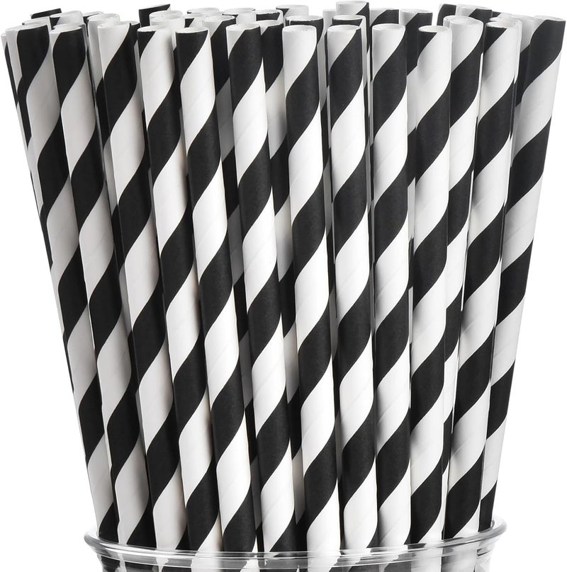 ALINK 100 Counts Stripe Paper Straws (Black Stripe) - Image 1